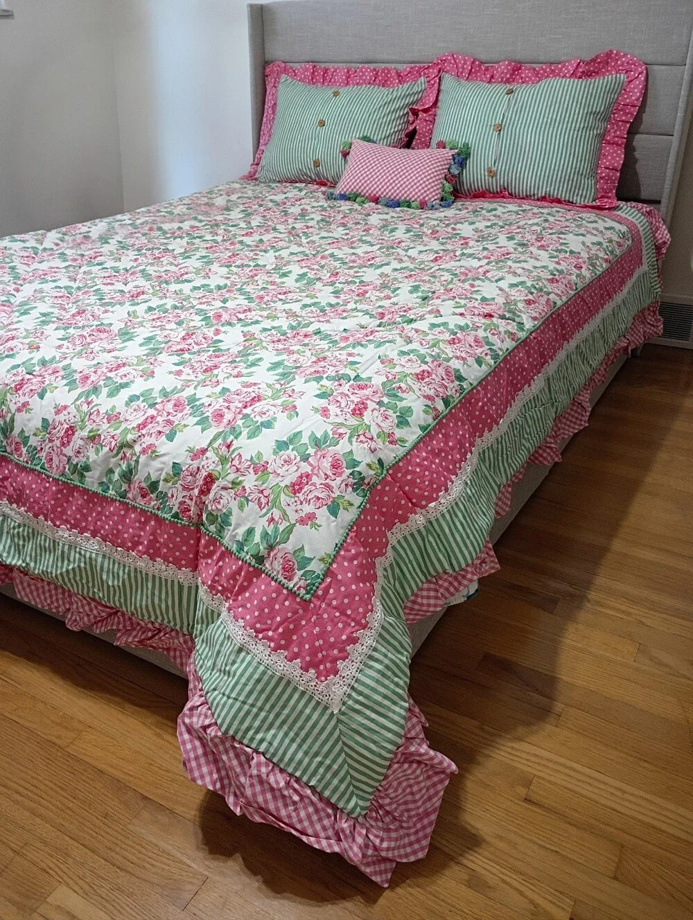 Matilda Jane Floral Pink Green Quilted Comforter Shams Pillow Set Full Queen NWT